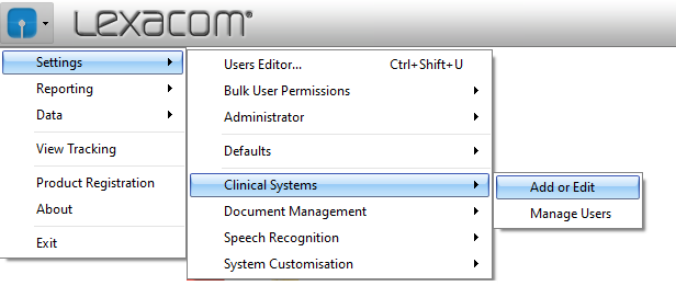 Lexacom Admin > Settings > Clinical Systems > Add or Edit