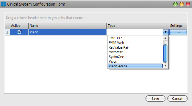 Amend the Type to Vision Aeros. Change the Name text to Vision if required. Press Save.