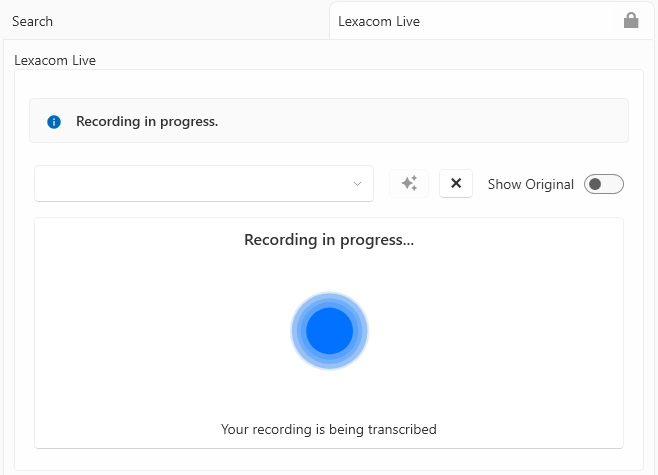 Image showing the Lexacom Live UI whilst recording.